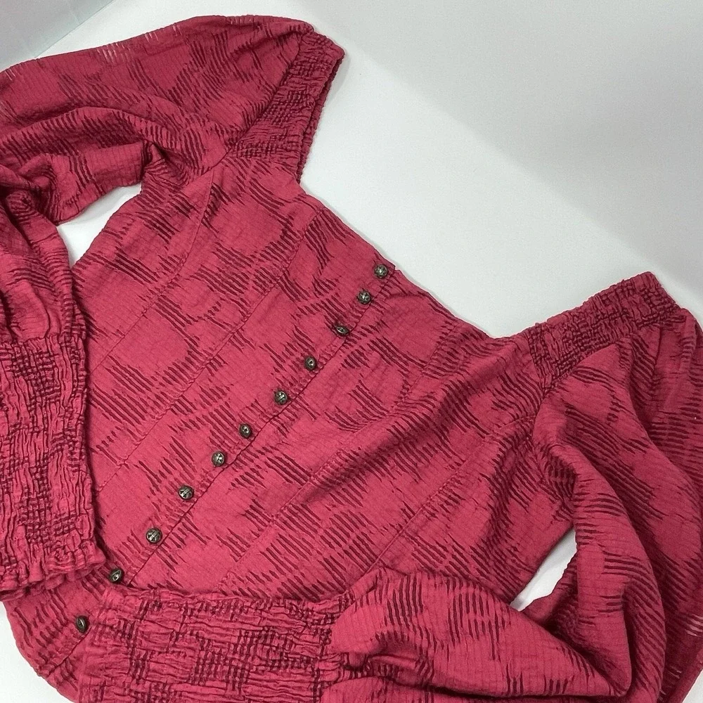 Anthropologie Womens M Shirt Top Sheer Puff Sleeve Smocked Corset Raspberry $120